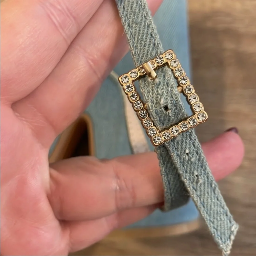 So Me Vintage Blue Denim Rhinestone Ankle Strappy Platform Heels